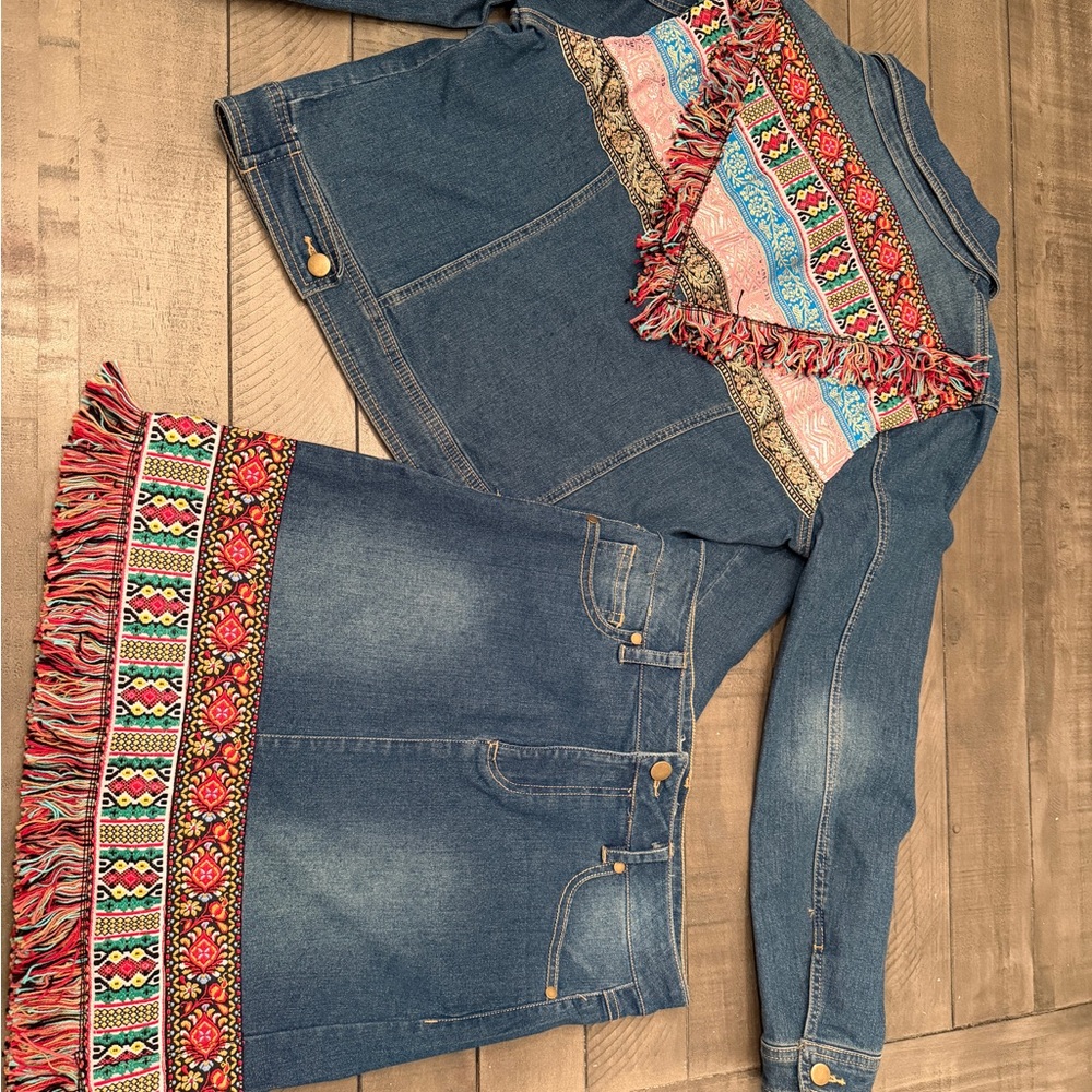 Maurices Colorful Embroidered Denim Jacket and Skirt